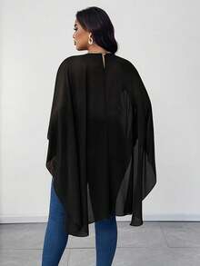 Maweii Plus Size Elegant Commuter Solid Color Asymmetric Hem Cape Blouse - Black - View 3