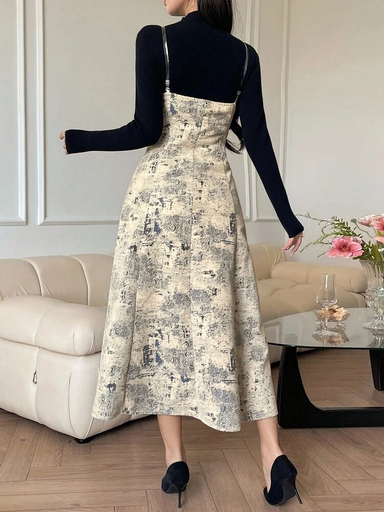 Floral Print Strapless Waist Cutout Backless Dress, Elegant A-Line Umbrella Dress, Autumn/Winter Maxi Dress