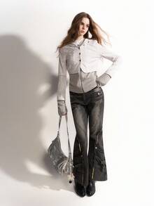 Bloopia Korean Style Casual Lazy Personalized Rejuvenating Women's Autumn/Winter Halloween New Thorn Rhinestone Print Knit Patchwork Zipper 2 In 1 Slim Fit Long Sleeve Hooded Cardigan - White - View 5