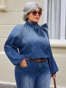 EMERY ROSE Plus Size Women's Fashion Bow Denim Blouse - Dark Wash - View 3