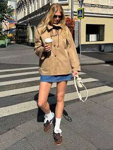 SHEIN Unity Women's Trench Coat Cloak Jacket,Khaki,Autumn,Casual,Everyday Vintage British Style French Retro Chic,Old Money Style,Commuting Office Halloween - Khaki - View 2