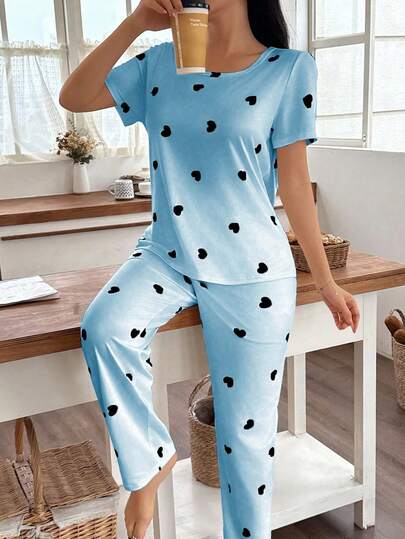 Heart Print Short Sleeve Pajama Set Sets Women Pyjama Woman Schattige Sleep Wear Round Neck view 3