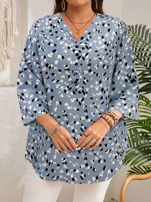 EMERY ROSE Plus Size Women's Early Spring 3/4 Sleeve Burgundy Printed Shirt - Grey - View 4