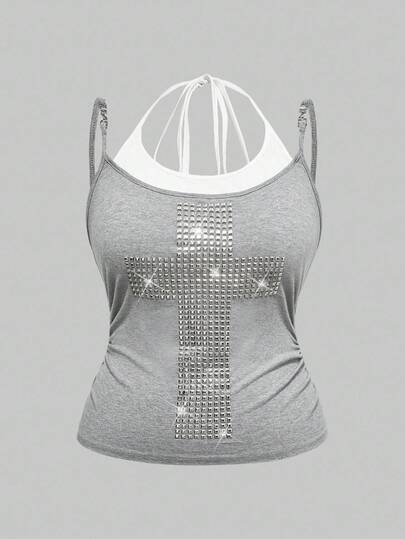 Grunge Punk Canotta da donna oversize in stile punk Y2K con pendente metallico sexy, 2 in 1 con rivetti e spalline a spaghetti