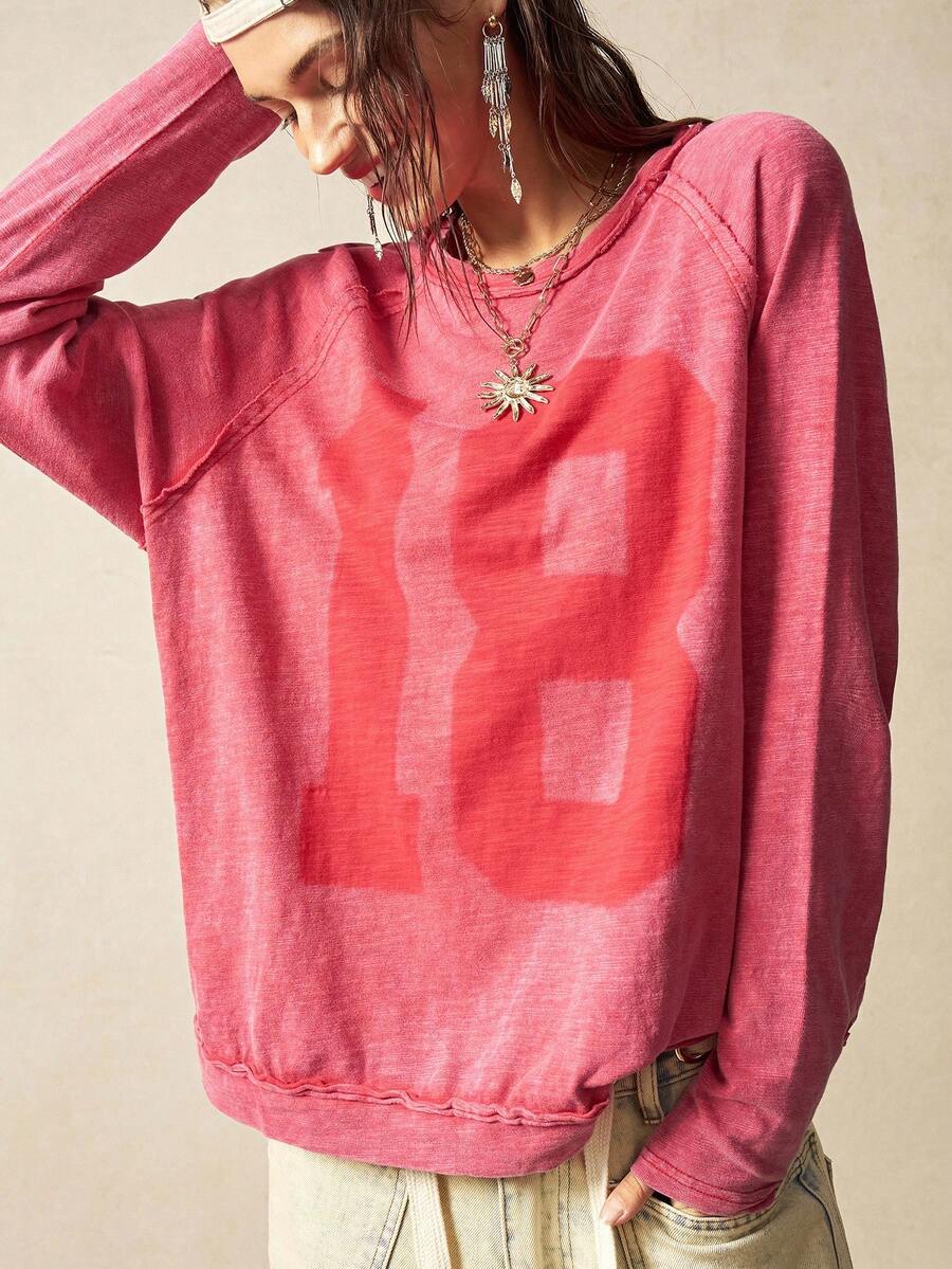 Bohemela 女士休闲纯色针织圆领长袖宽松水洗T恤 - 紅色 - 查看 1