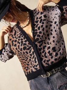 Bohemela Women's Casual Leopard Print Drop Shoulder Long Sleeve Knit Cardigan, Autumn/Winter