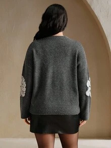 Anewsta 女士秋冬宽松花卉装饰珍珠铆钉大码毛衣，优雅正式服装，适合外出、派对、时尚、新年、圣诞节、工作、毕业、婚礼 - 灰色 - 查看 3