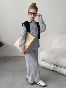 Tween Girls Striped Long Sleeve Shirt And Wide Leg Striped Pants With Shawl 2 Pieces Casual Set - Black - View 5