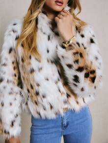 Poéselle Women's Fashionable Leopard Print Faux Fur Coat, Autumn/Winter, Fur Jacket, Leopard Print Coat, Animal Print Coat, Faux Fur Jacket, Snow Leopard Coat - Black and White - View 4
