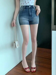 DAZY 女士口袋休闲修身牛仔短裤，百搭牛仔短裤 - 藍色 - 查看 5