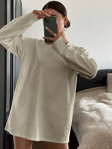 DAZY Letter Embroidered Loose Long Sleeve Round Neck Casual Top, Women Tee Shirt For Spring And Summer,Fall Clothes - Apricot - View 6