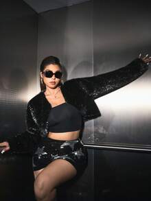 SHEIN EZwear 加大码纯色亮面仿皮草内衬加厚冬季长袖夹克 - 黑色 - 查看 3