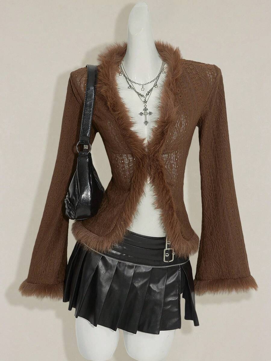 SHEIN ICON 女式复古波西米亚性感 Y2K 针织提花拼布毛领棕色 T 恤 - 棕色 - 查看 1