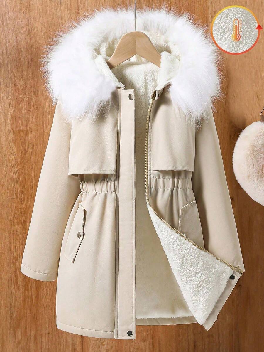 Sparklyn Teen Girls Mid-Length Zipper Loose Waist Hooded Fluffy Casual Winter Jacket, Suitable For Daily Commute And School Fall