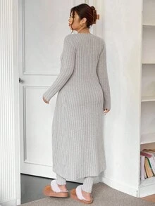 Lounesse 大码纯色罗纹针织长袖上衣和裤子两件套 - 杏色 - 查看 2