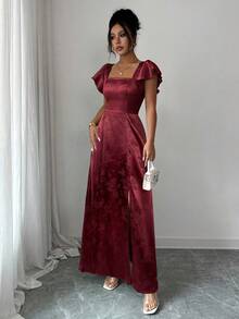 Elenzga 女式方领荷叶边袖收腰连衣裙，下摆开衩，绿色提花面料，通勤、日常、伴娘、舞会、毕业典礼等场合皆宜，舒适时尚，魅力十足 - 酒紅色 - 查看 7