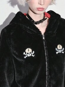 ROMWE Goth 哥特式深色骷髅人造毛皮柔软百搭女士万圣节人造毛皮夹克 - 黑色 - 查看 2