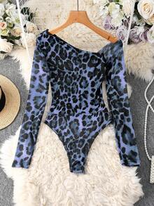 Franclia Bodysuit Lengan Panjang Berbahan Jala Transparan Motif Leopard untuk Wanita - Biru - View 2