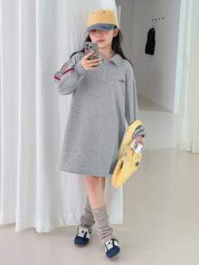 DAZY Tween Girl Fall Clothes Polo Collar Letter Print Knit Fashion Dress - Grey - View 3