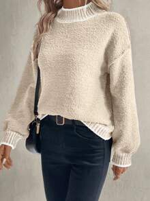 Elyressa Áo len chui đầu cổ tròn dáng rộng phong cách Âu Mỹ dày dặn, một mặt, thích hợp mặc ngoài trời, ở nhà và thường ngày, mùa thu/đông - Màu be - Xem 5