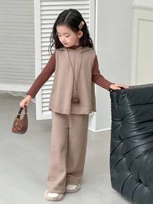 DAZY 2pcs Young Girl Girls Hooded Sweater Vest + Fleece Pants Set, Autumn