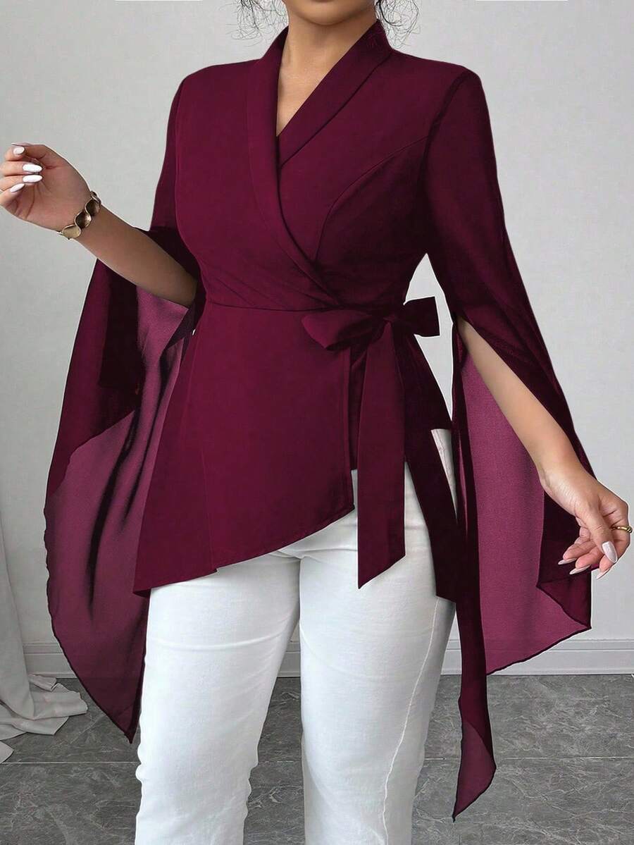 Elenzga لا تنفد أبدًا من الأناقة: الجوتيك بريب مع لمسة أربعاء. احتضن أنوثتك الداكنة الداخلية. بلوزة أنيقة فرنسية سوداء طويلة الأكمام مع ربطة عنق وتصميم متباين الأطراف مناسبة للنساء في المواسم الانتقالية - عنابي اللون - مشاهدة 1