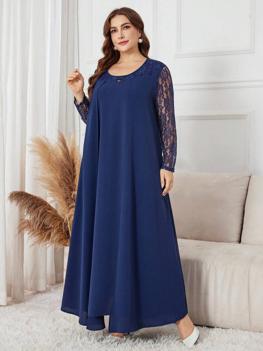 Al Najma 大码女式优雅宽松休闲蕾丝拼布长袖连衣裙，适合日常穿着 - 藍色 - 查看 1