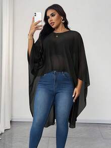 Maweii Plus Size Elegant Commuter Solid Color Asymmetric Hem Cape Blouse - Black - View 1