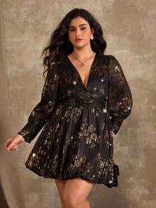 Roveilla Robe de soirée à manches longues, col en V, froncée avec décoration de boutons, grande taille, automne/hiver - Noir - Voir 4