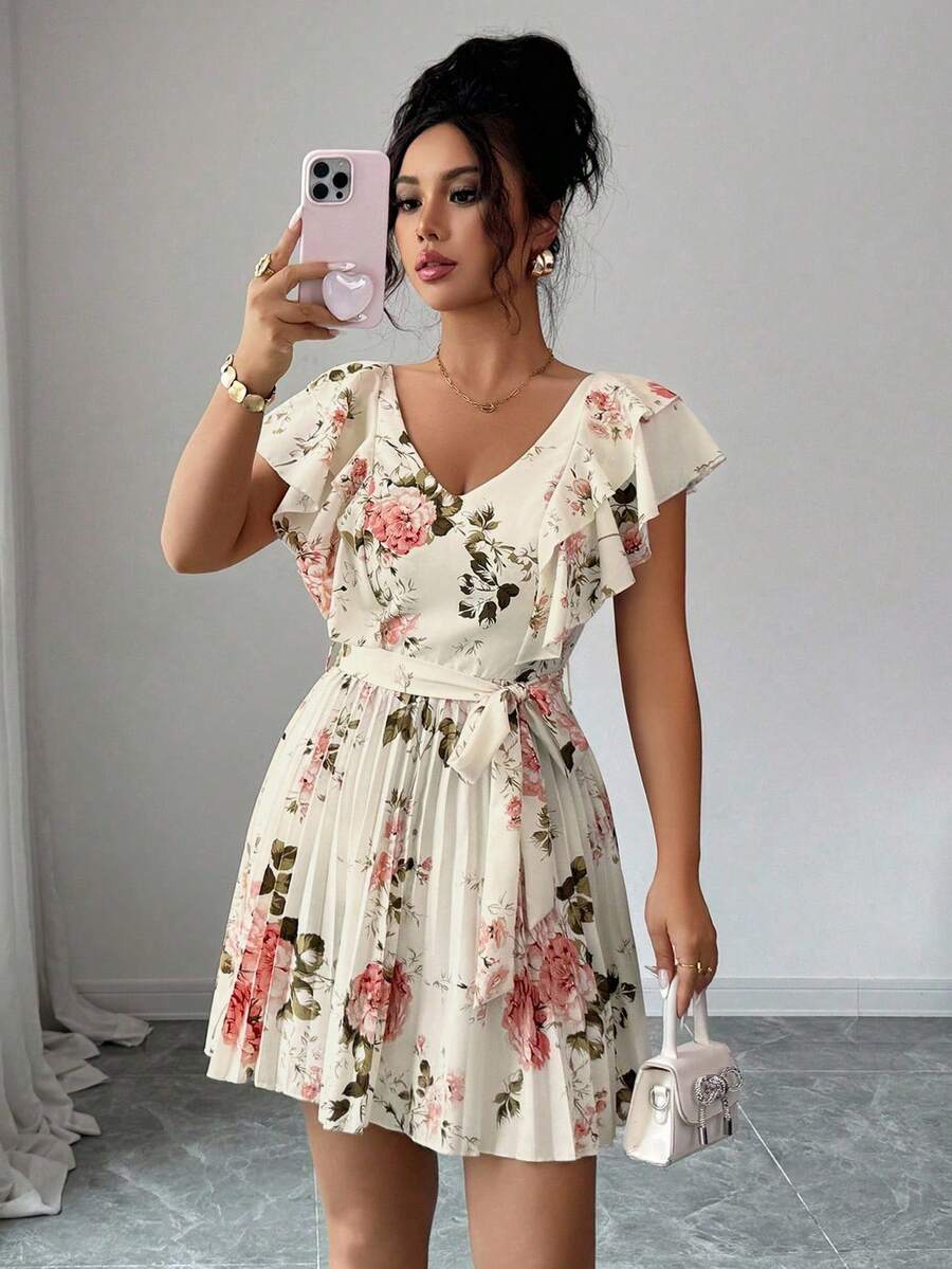 Elenzga Đầm nữ thanh lịch lãng mạn cổ chữ V tay bèo nhún, eo thắt, xếp ly, dáng chữ A, đi nghỉ