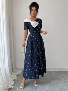 Elenzga 新款时尚夏季短袖 V 领大蝴蝶结装饰中腰飘逸优雅连衣裙，适合派对、购物、度假等场合 - 藏蓝色 - 查看 4