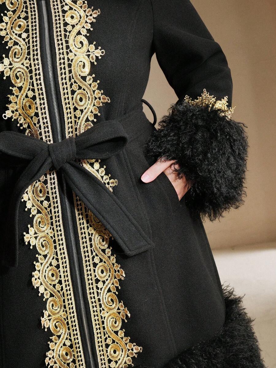 Anewsta Manteau en laine mélangée vintage brodé de ruban moelleux pour femmes grandes tailles, automne/hiver. Élégant, chic, , convient pour Noël, sortie