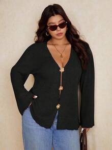 Elaquor 秋冬加大码仿珍珠纽扣深 V 领喇叭袖针织外套曲线开衫 - 黑色 - 查看 6