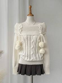 Comfortcana 女士休闲纯色露肩交叉带毛衣，秋冬 - 米色 - 查看 3