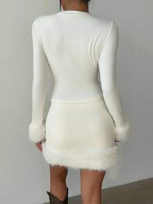 SHEIN EZwear Women's Autumn/Winter New White Plush Knitted Faux Fur Patchwork Fitted Long Sleeve Top & Skirt Elegant 2 Pieces Set - White - View 2