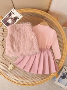 SHEIN Babygirl Fluffy Cardigan & Pleated Skirt 2-Piece Set, Cute & Versatile For Autumn/Winter Toddler Girl Pink Dress Baby Girl Faux Fur Vest 2 Piece Baby Girl Outfit Baby Girl Clothes Winter Toddler Girl Winter Outfit Fall - Pink - View 2