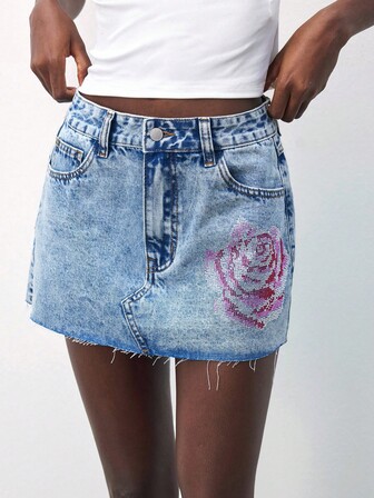 Maija Women's Blue Sexy Low-Waist Mini Denim Skirt, BlingBling Skirt Diamond Rose Y2K Hot Girl INS Style Autumn Women's Rhinestone Denim Skirt