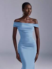 Elitara Elegant Ruched Off-Shoulder Mermaid Dress, Suitable For Weddings, Parties, Vacations, Prom, Bridesmaid (Adult) - Dusty Blue - View 4
