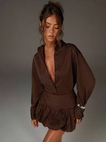 Athîral 女士休闲套装，女士秋季穿搭，棕色泡泡裙和衬衫，棕色条纹 - 彩色 - 查看 6