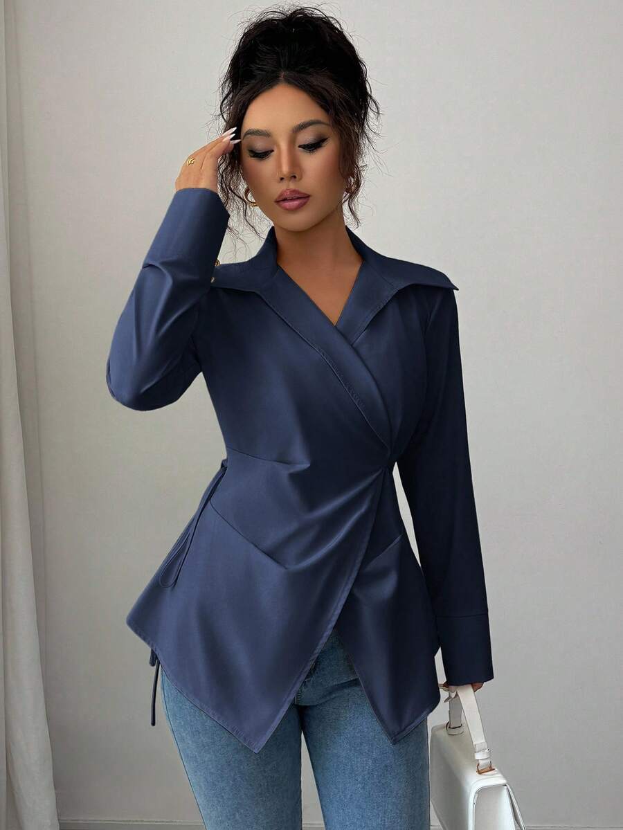 Elenzga Áo sơ mi buộc dây màu trơn đa năng dành cho nữ khi đi làm - Màu xanh hải quân - Xem 1