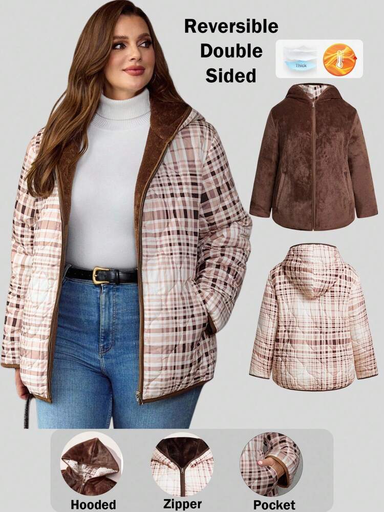 プラスサイズ レディース リバーシブル チェック柄 長袖 フード付きジャケット、秋冬用