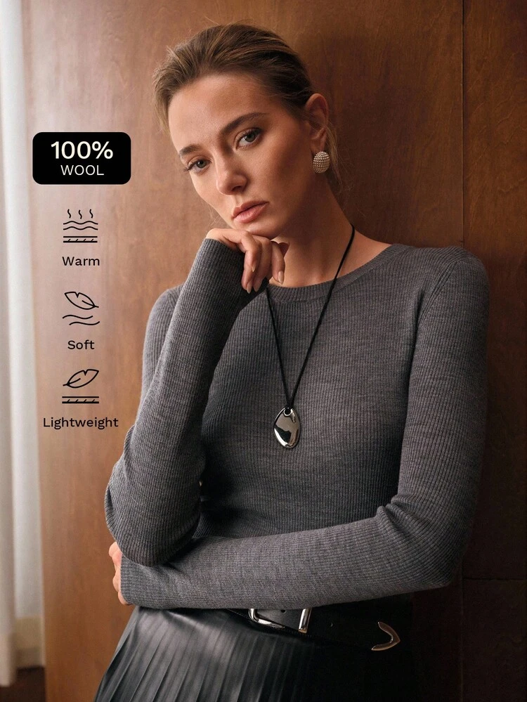 100% WOOL WOMEN'S  CREW NECK LONG SLEEVE SWEATER, AUTUMN/WINTER