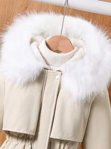 Sparklyn Teen Girls Mid-Length Zipper Loose Waist Hooded Fluffy Casual Winter Jacket, Suitable For Daily Commute And School Fall