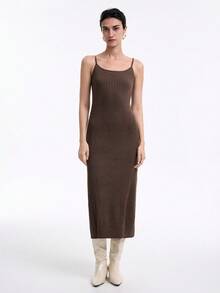 SHEIN LUNE 2pcs Maillard Long Sleeve Shawl Collar Cardigan & Ribbed Camisole Maxi Dress Set, Spring/Autumn - Coffee Brown - View 6