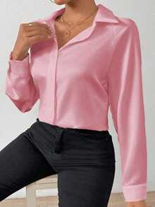 SHEIN PETITE Women's Solid Color Satin Simple Shirt With Asymmetric Hem - Pink - View 4