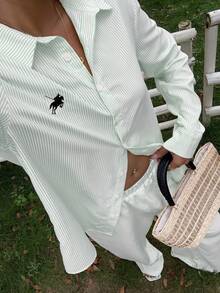 Comfortcana 女士新款条纹刺绣宽松上衣和裤子套装 - 綠色 - 查看 7