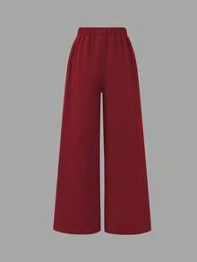 SHEIN 2 pezzi/set Outfit elegante e alla moda per ragazze adolescenti, completo con blusa a righe di colore solido + pantaloni larghi e morbidi, adatto per l'autunno e l'inverno - Bordò - Visualizzare 5