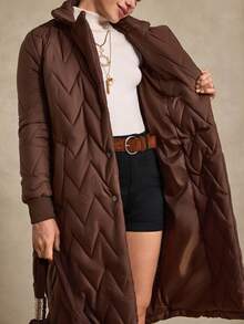 Bóhologie Fashionable Belted Snap Button Keeping Warm Padded Coat - Brown - View 8