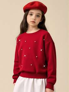 年轻女孩勃艮第圆领串珠长袖白色侧边下摆上衣，适合日常穿着、返校、优雅派对、圣诞节、春秋、秋冬 - 酒紅色 - 查看 3