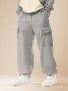 SUMWON Zweiteiler aus Hoodie-Sweatshirt und Cargo-Jogginghose mit Farbblockdesign, Kordelzug in der Taille, weites Bein, Streetstyle, lässige Herbst-/Wintermode - Grau - Übersicht 4